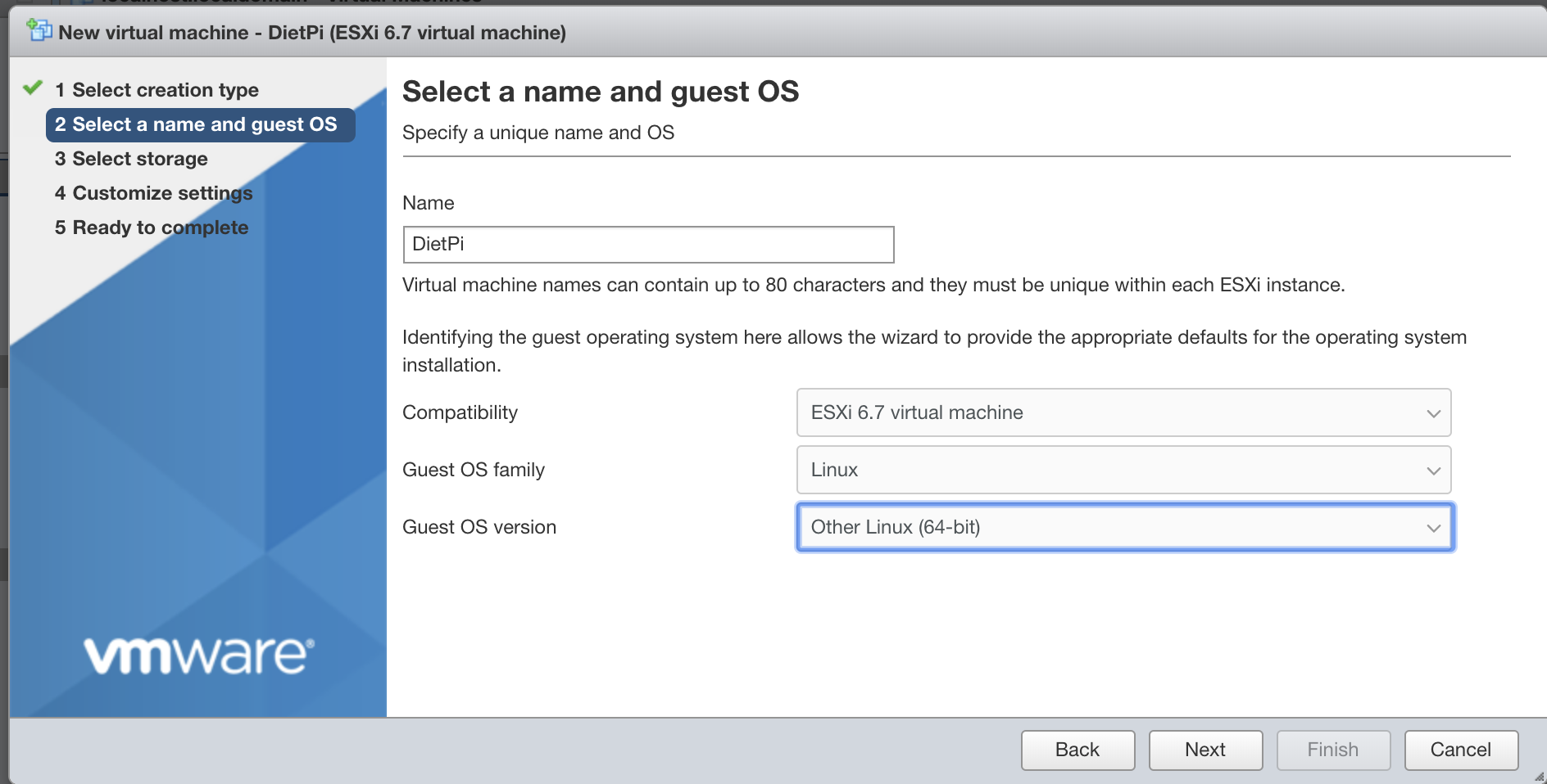 Running the DietPi VMware image on ESXi 6.7