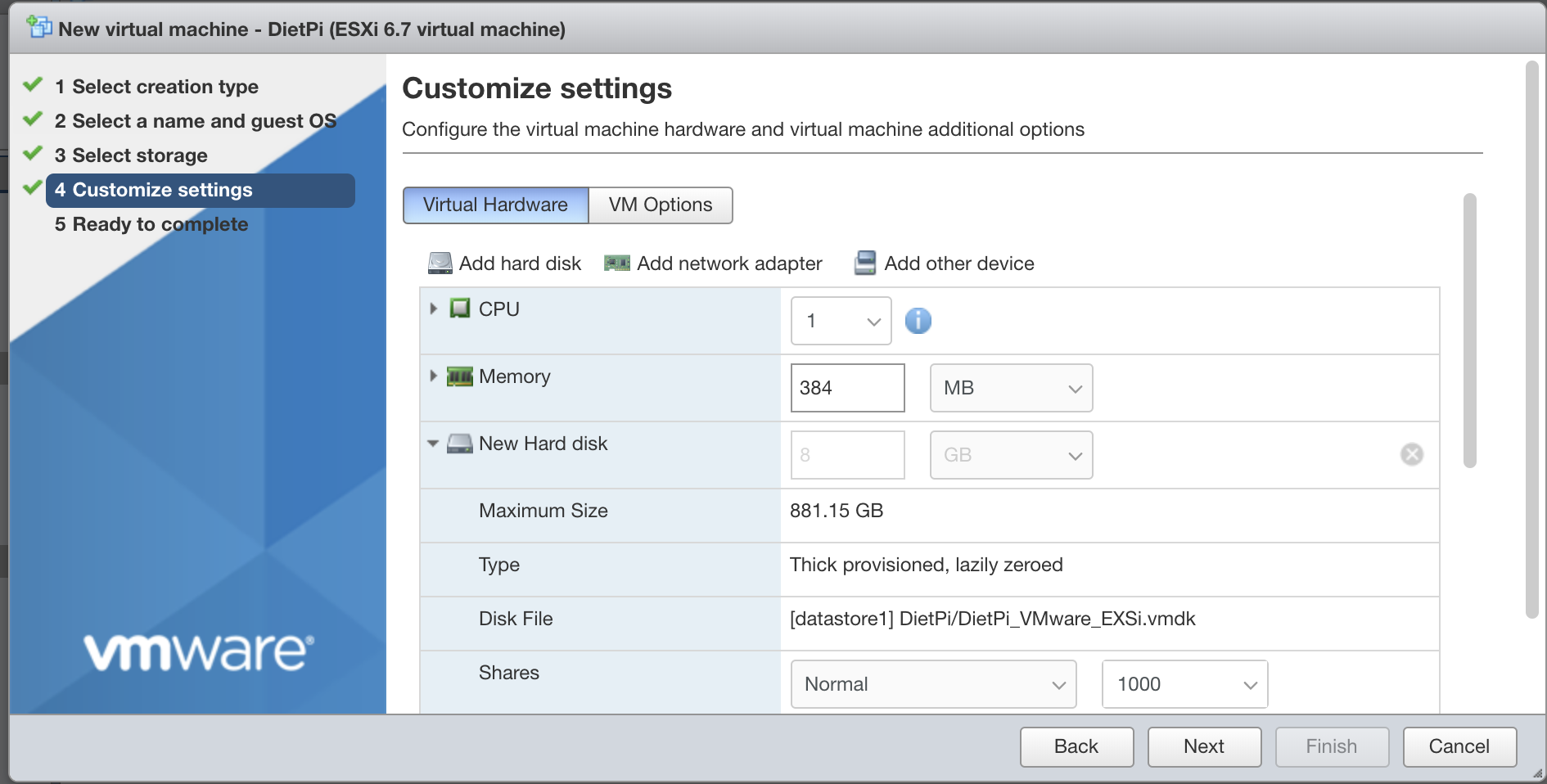 Running the DietPi VMware image on ESXi 6.7